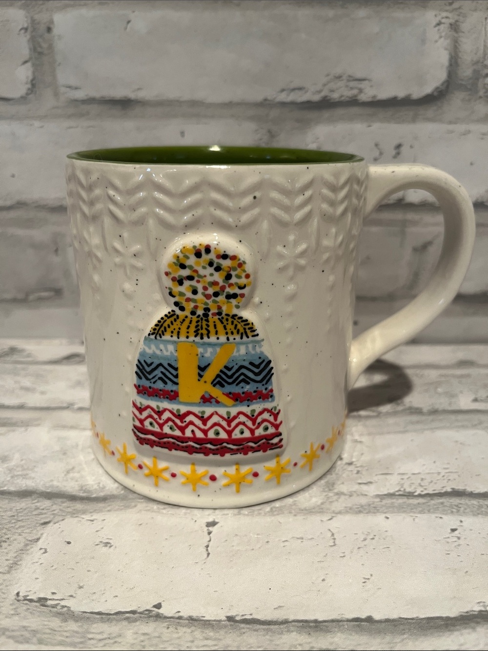 Anthropologie Knit Beanie Initial K Ceramic coffee Mug 16 oz